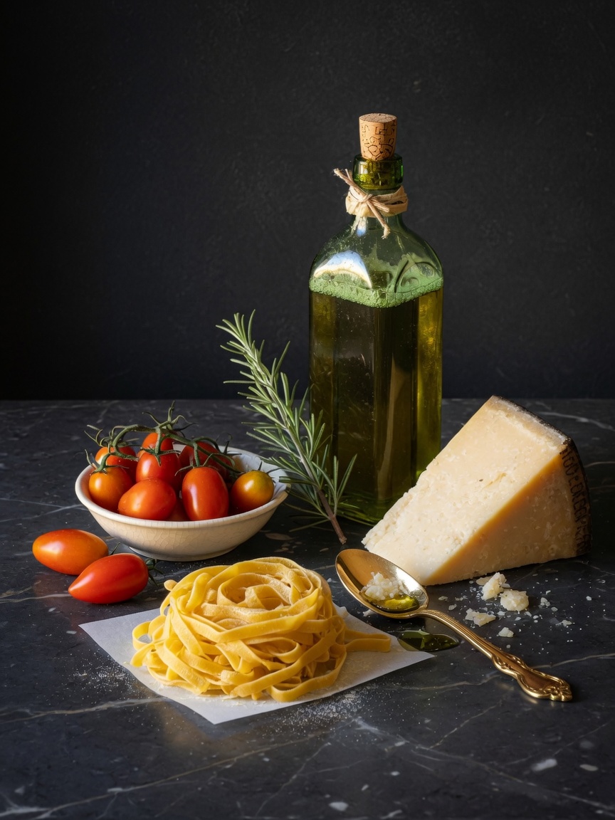 Oliwa, pomidory, tagliatelle, parmigiano