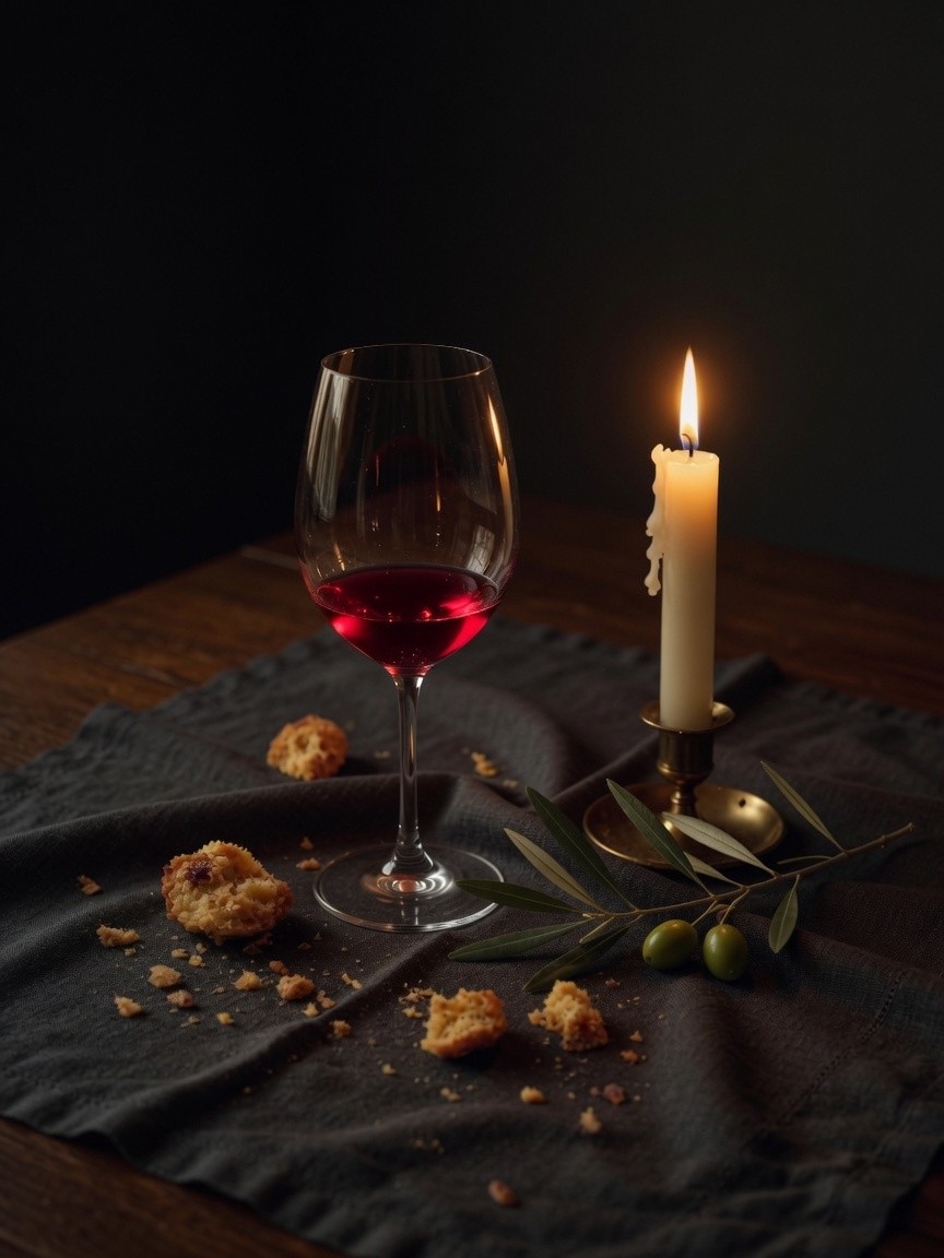 Ostatnia lampka wina, świeca, okruchy panettone