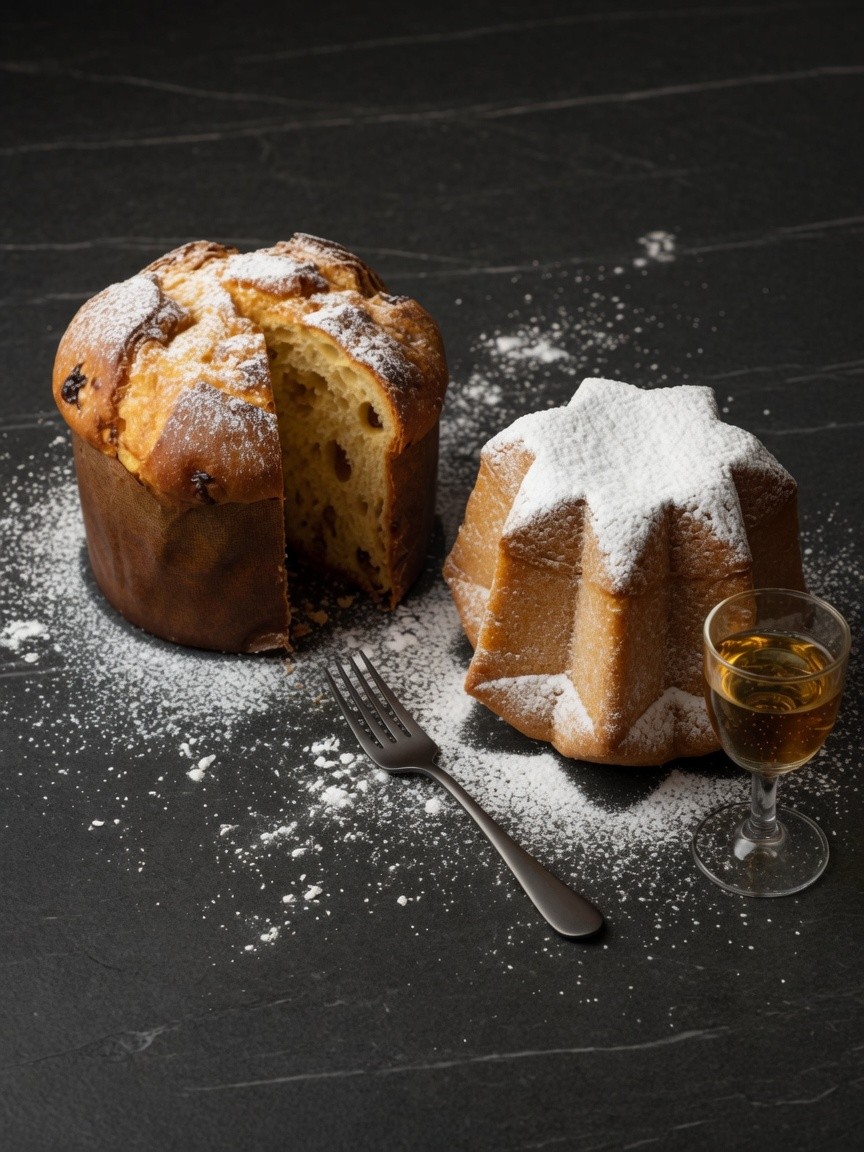 Panettone i pandoro obok siebie, cukier puder, wino