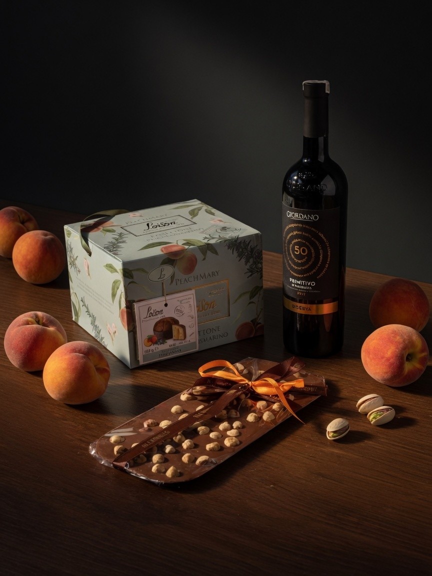 Zestaw Peachmary: panettone brzoskwinia-rozmaryn, Primitivo Riserva, czekolada z orzechami