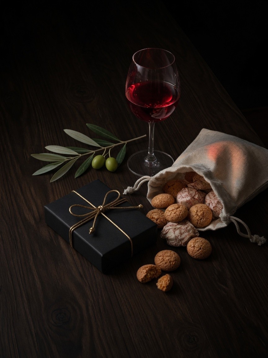 Prezent, amaretti, kieliszek wina