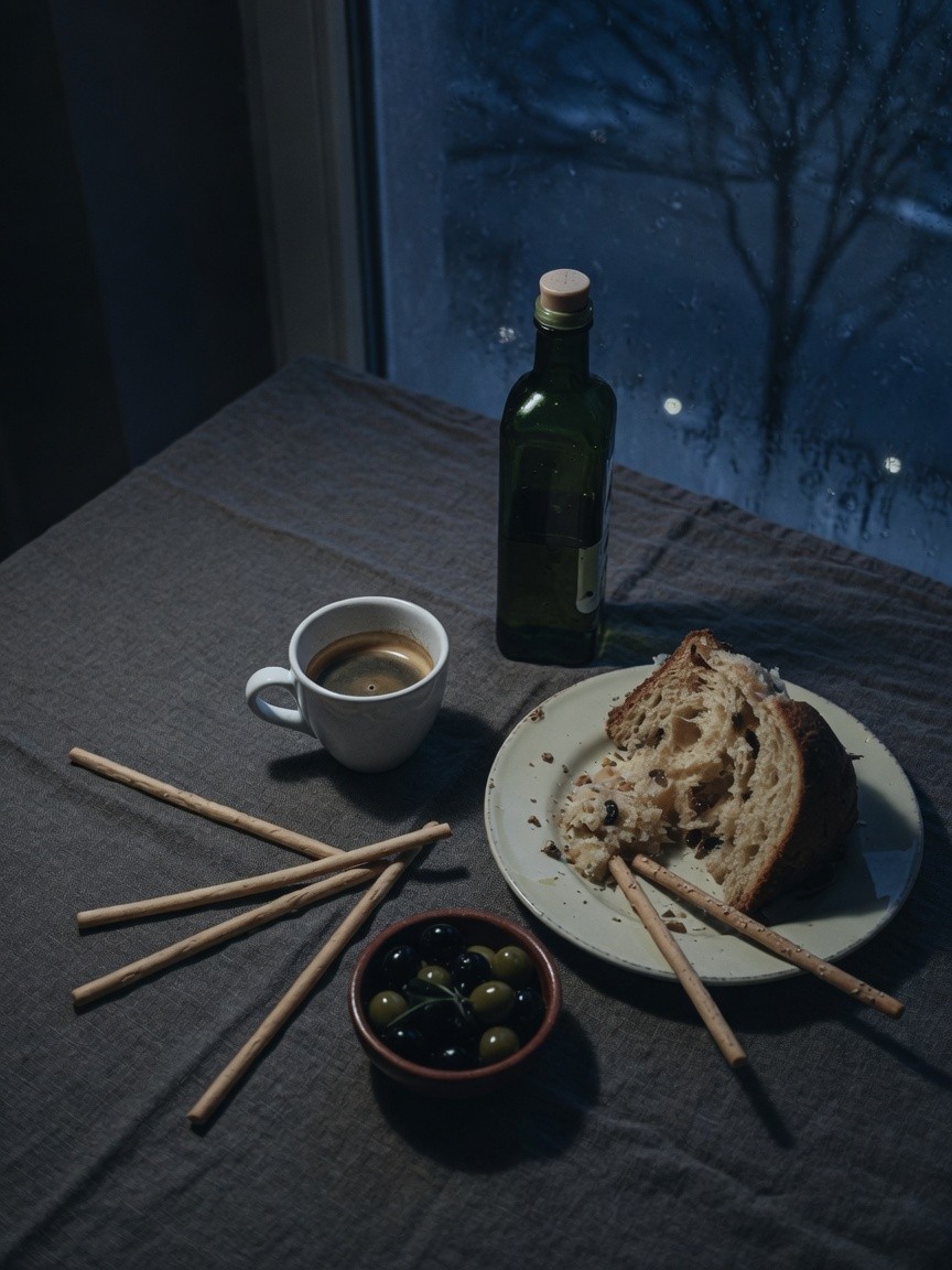 Wieczór: kawa, oliwa, panettone, grissini