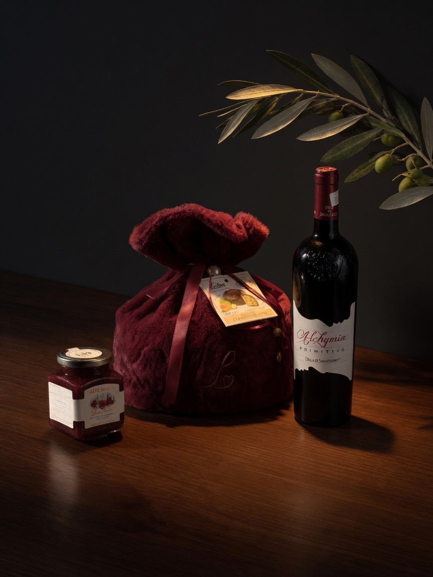 Zestaw Tesoro: panettone w czerwonym futrze, konfitura Winter Dream, Primitivo Alchymia